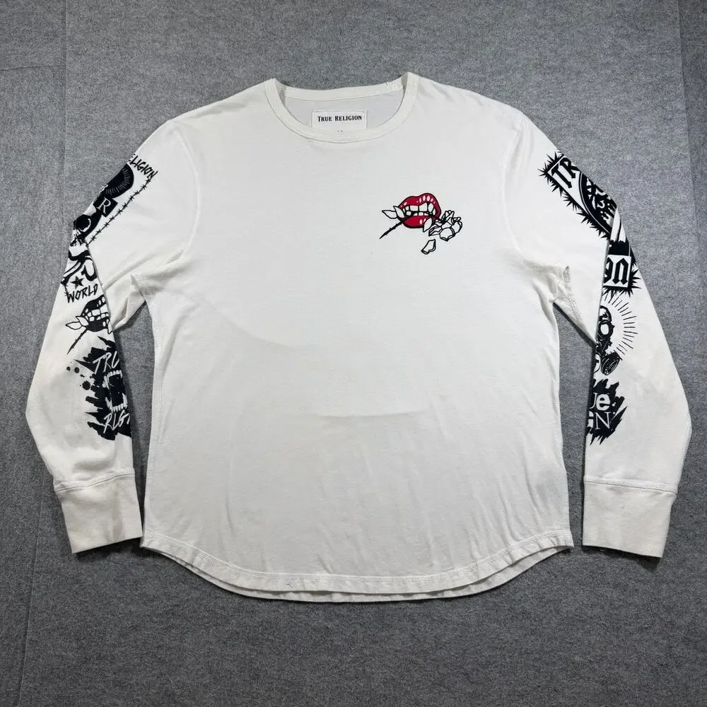 True Religion Long Sleeve Shirt Mens L White Graphic Logo Cotton Streetwear